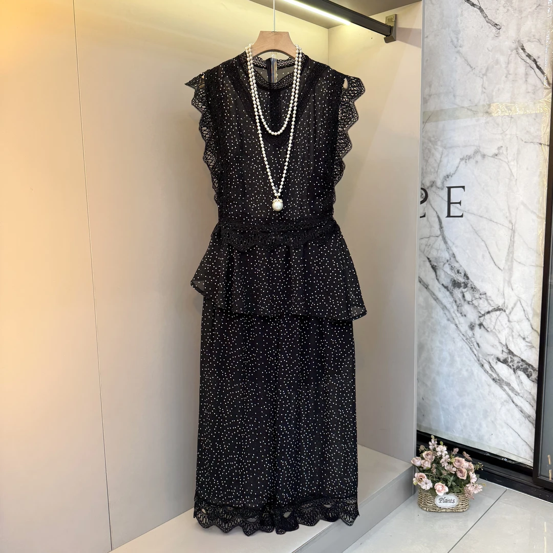 2025夏季新款女装时尚气质优雅蕾丝拼接花边上衣阔腿裤两件套9128