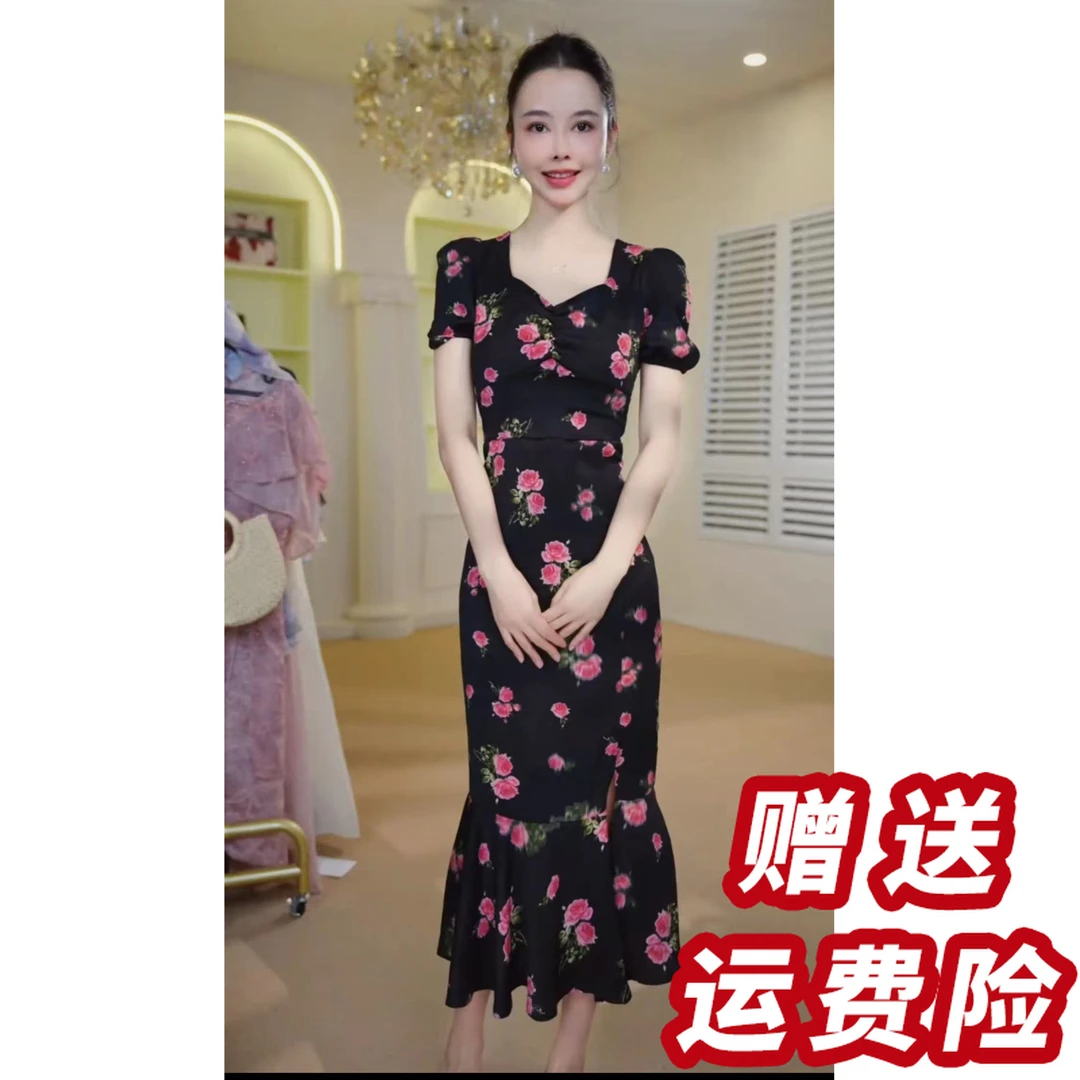 【赠送运费险】短袖鱼尾连衣裙女气质开叉长裙黑色碎花裙子A36115