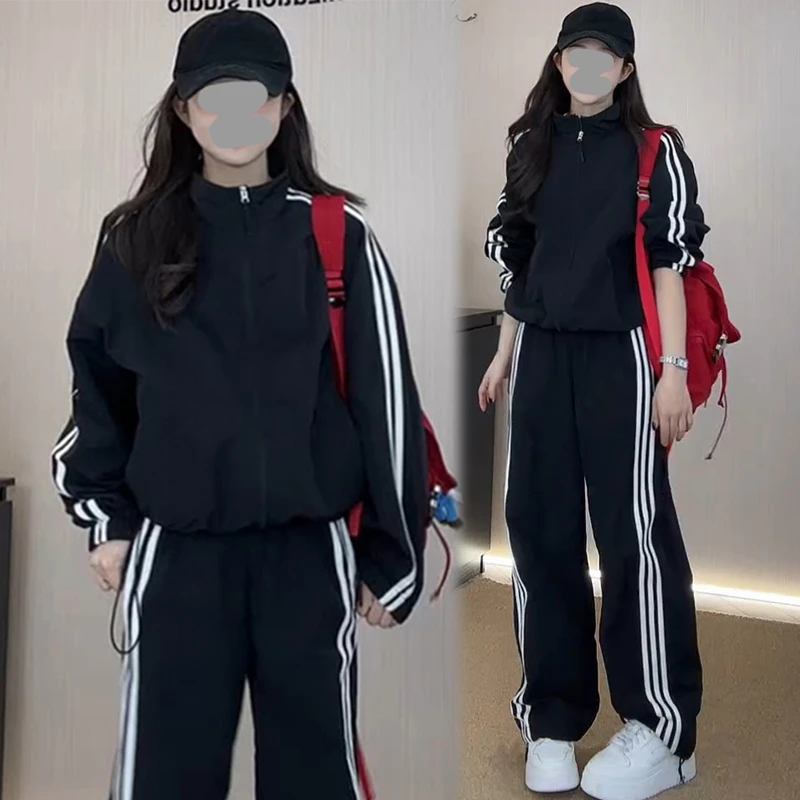 时尚撞色运动风套装女2026春秋新款短款工装外套高腰阔腿裤两件套