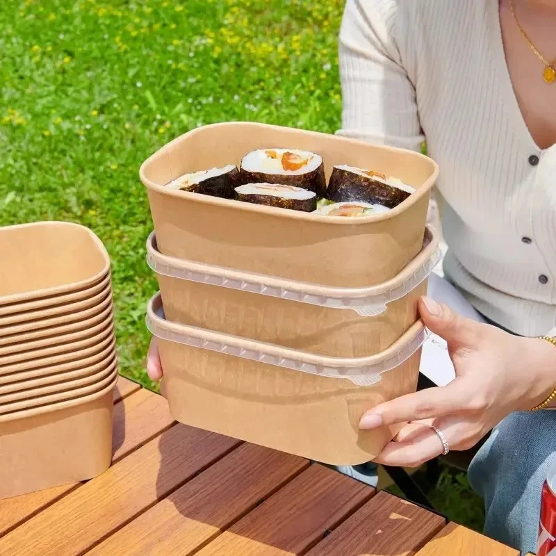 一次性餐盒方形食品牛皮纸饭盒便当盒水果野餐纸碗外卖打包纸盒子