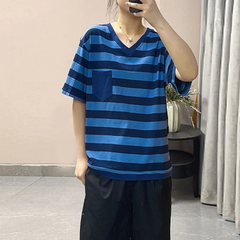 1602夏季新款宽松显瘦百搭条纹V领复古休闲上衣T恤