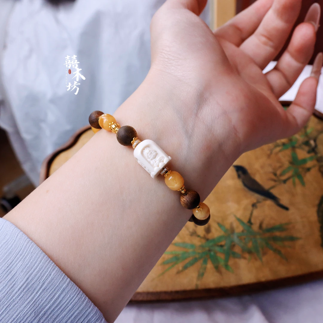 沉香白奇楠沉香手串搭蜜蜡枣珠猛犸四不扎基拉姆单圈女款手串手链