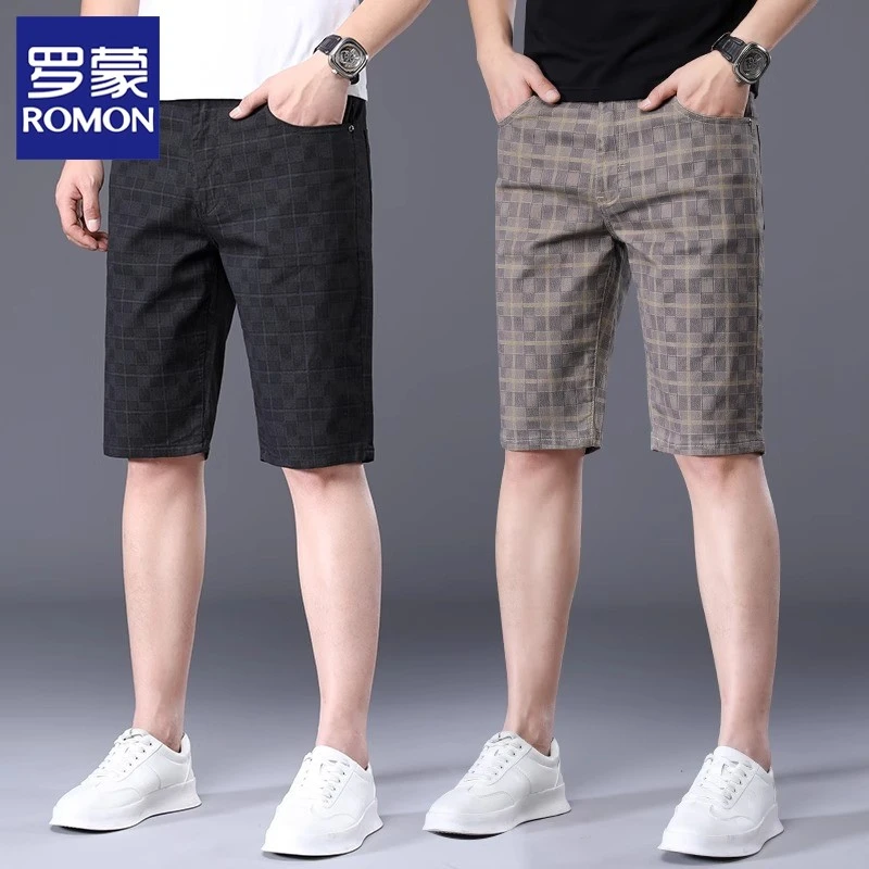 罗蒙冰丝格子休闲短裤五分夏季薄款纯棉修身直筒短裤男款夏季