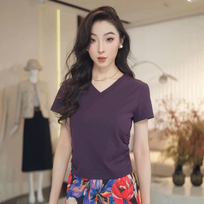 【商场同款】夏款修身显瘦小个子V领正肩短袖T恤上衣1300888
