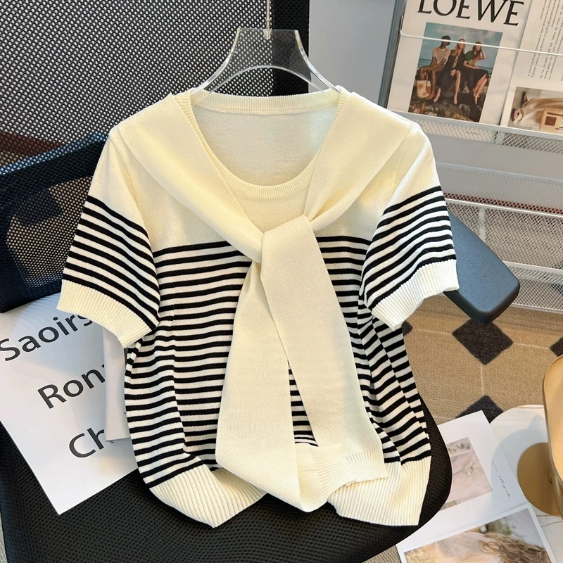 【80-200斤】法式小香风冰丝短袖T恤女夏季披肩洋气宽松显瘦上衣服