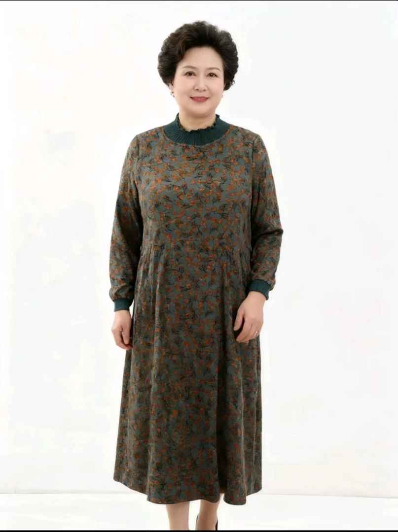 11413-秋冬长袖连衣裙中长款圆领气质大码妈妈高端宽松裙子【C仓】