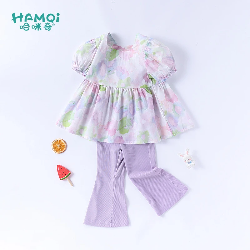 女童短袖套装夏季新款宝宝小童洋气甜美两件套儿童泡泡袖微喇裤潮