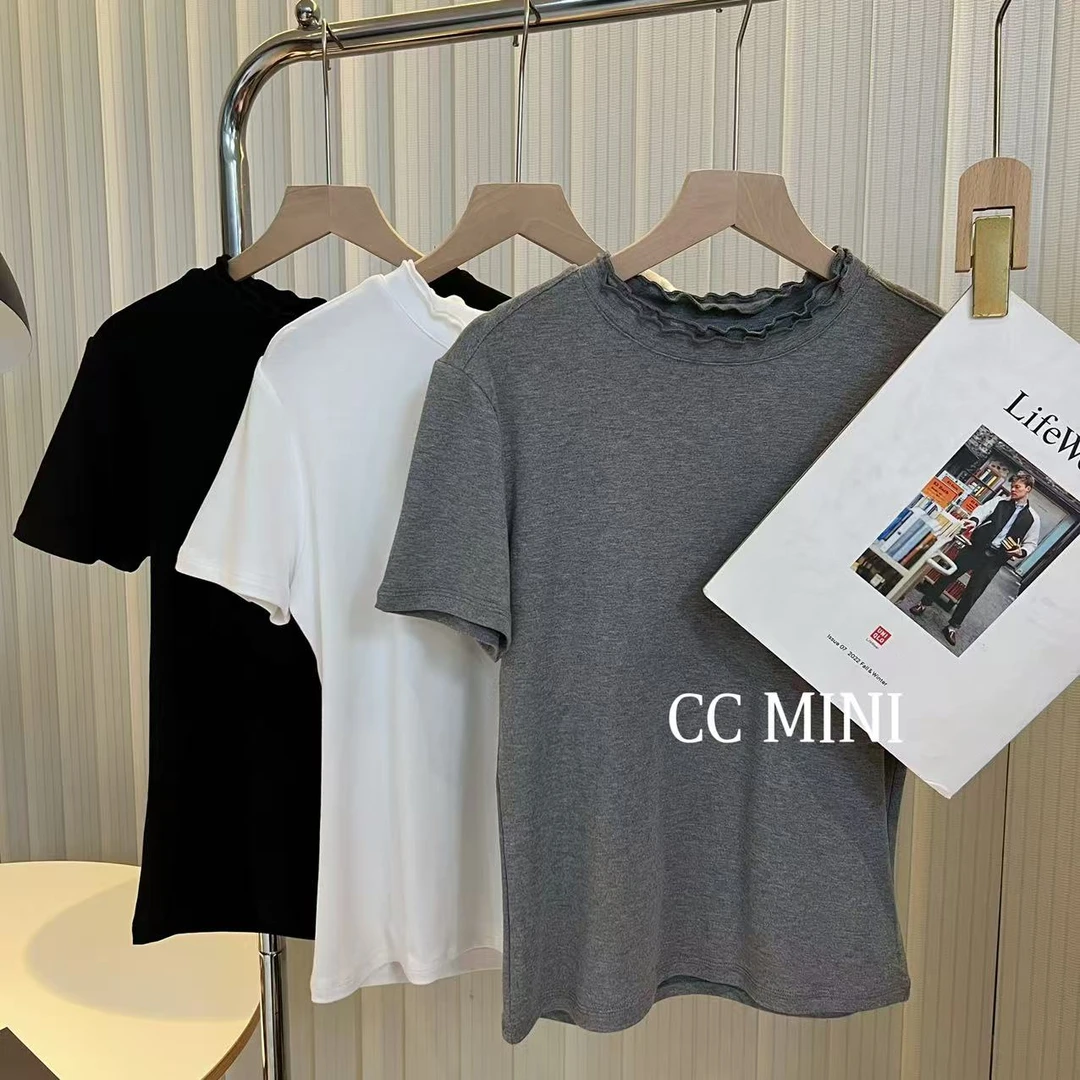 木耳边T恤 夏季休闲短袖 简约百搭小众设计花边圆领上衣女