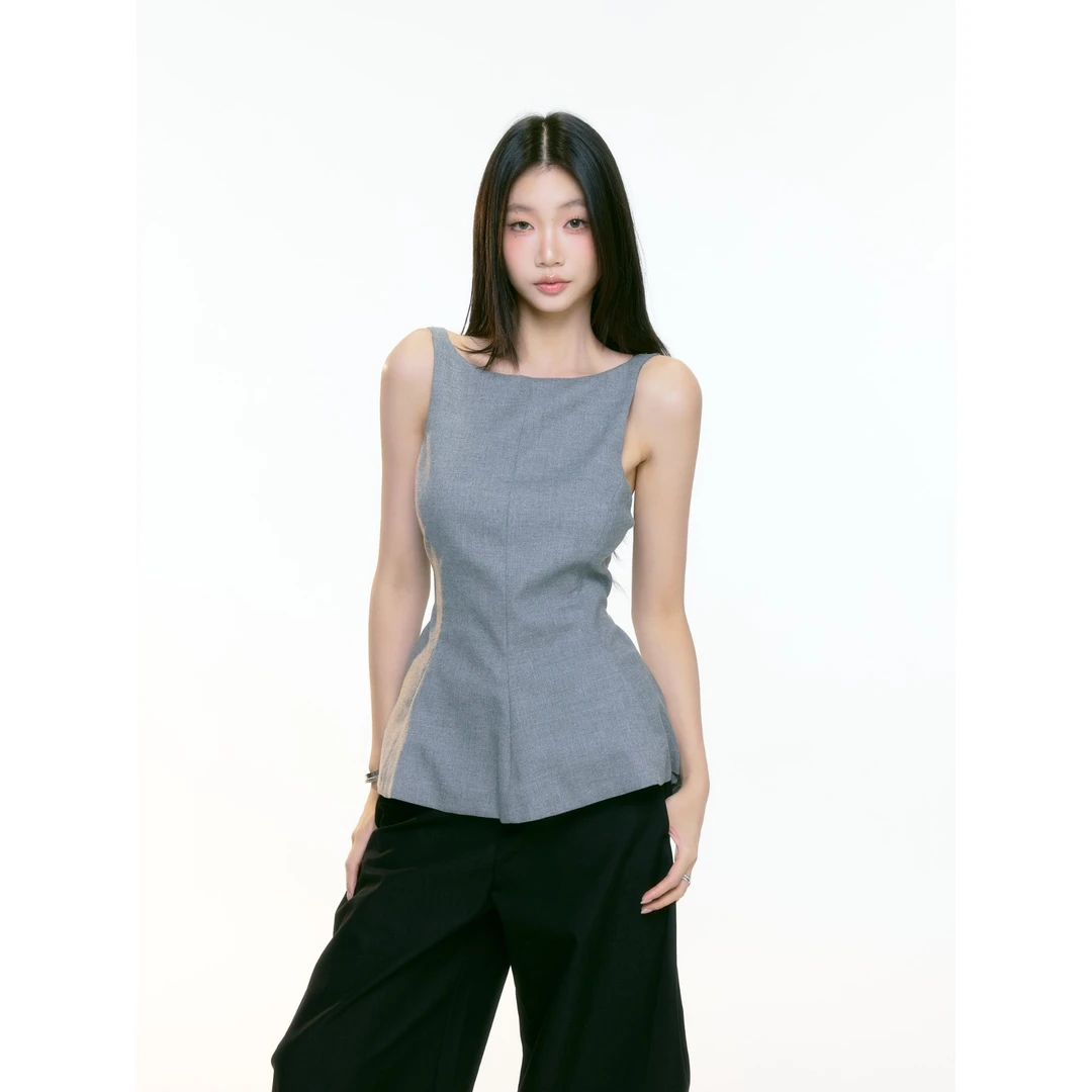 withmin【现货】凉皮 城市假日 荷叶边下摆无袖露背收腰上衣2523068