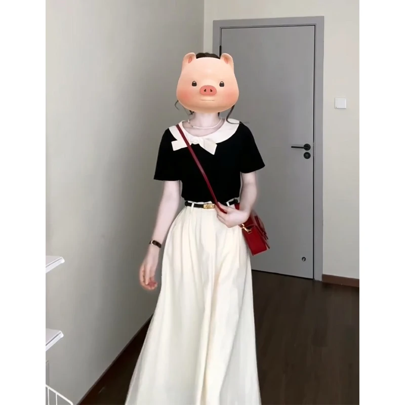 2025夏季新款韩系穿搭蝴蝶结圆领短袖上衣气质高腰显瘦A字半身裙