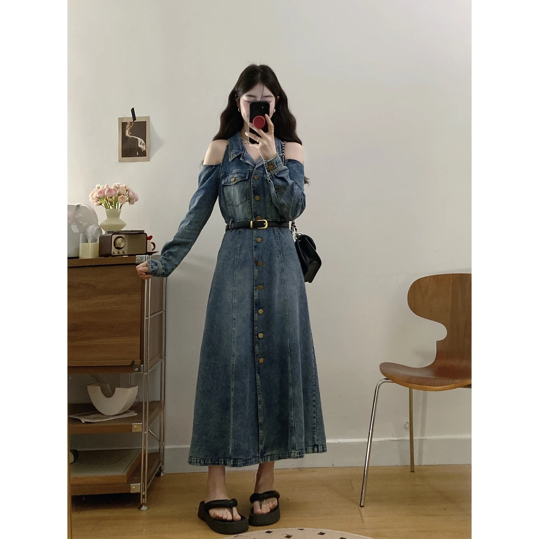 微胖妹妹大码港风复古露肩牛仔连衣裙配腰带收腰显瘦翻领长裙子潮