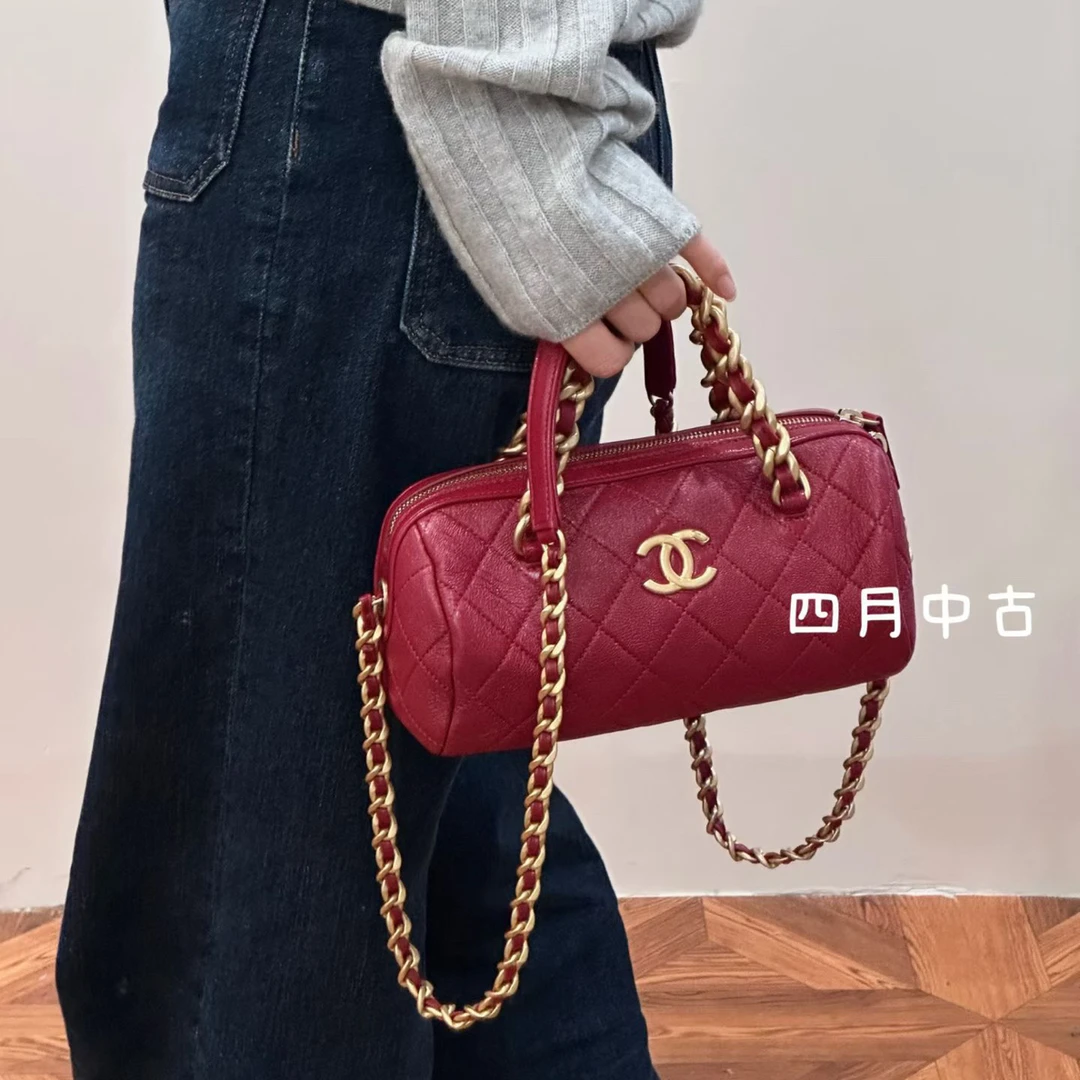 95新 Chanel/香奈儿 红色金扣油蜡羊皮巴比龙水桶包