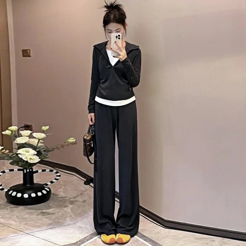 韩系休闲运动套装女秋季超好看遮肚显瘦假两件连帽卫衣外套阔腿裤