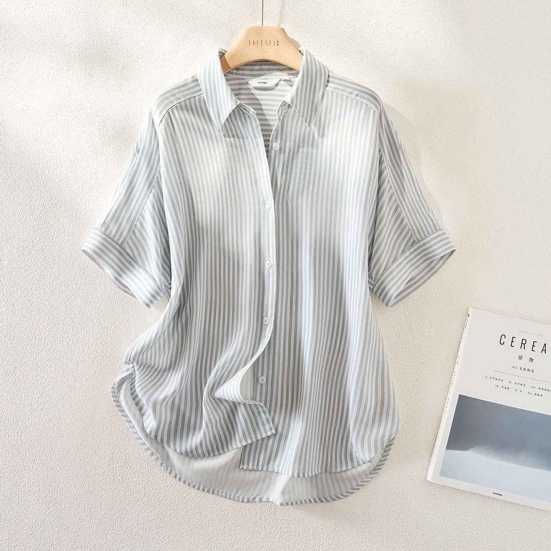 IHIMI/海谧实穿百搭衬衫2025年夏日必备五分袖条纹衬衫9220