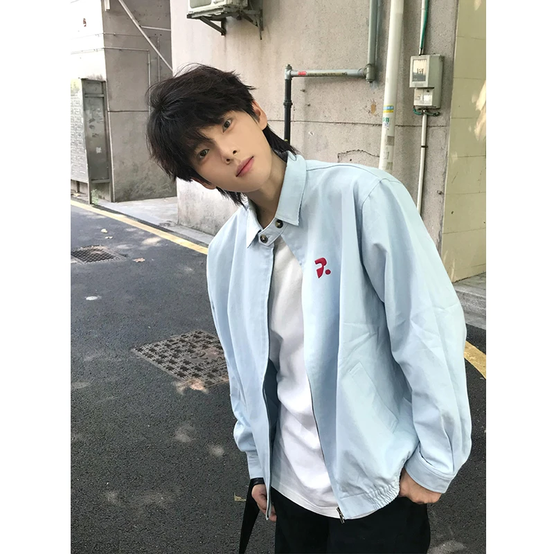 美式天蓝色衬衫外套男秋季短款立领哈灵顿夹克cleanfit翻领棒球服