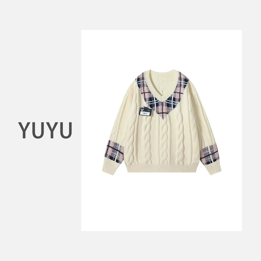 【名片】美式学院风拼接格子V领休闲时尚个性套头毛衣.Y621