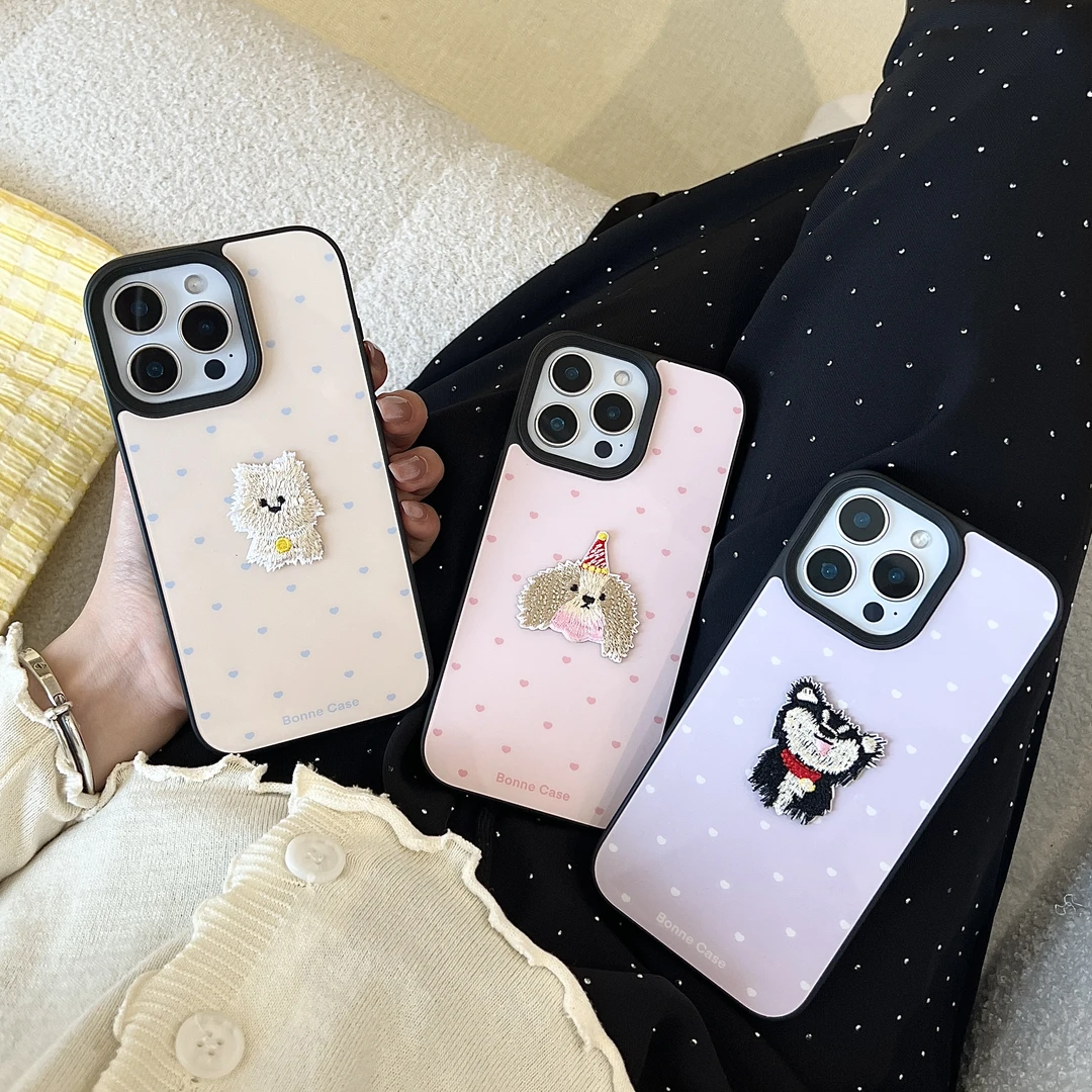 简约爱心刺绣小狗亚克力苹果16手机壳14promax防摔15适用iPhone13