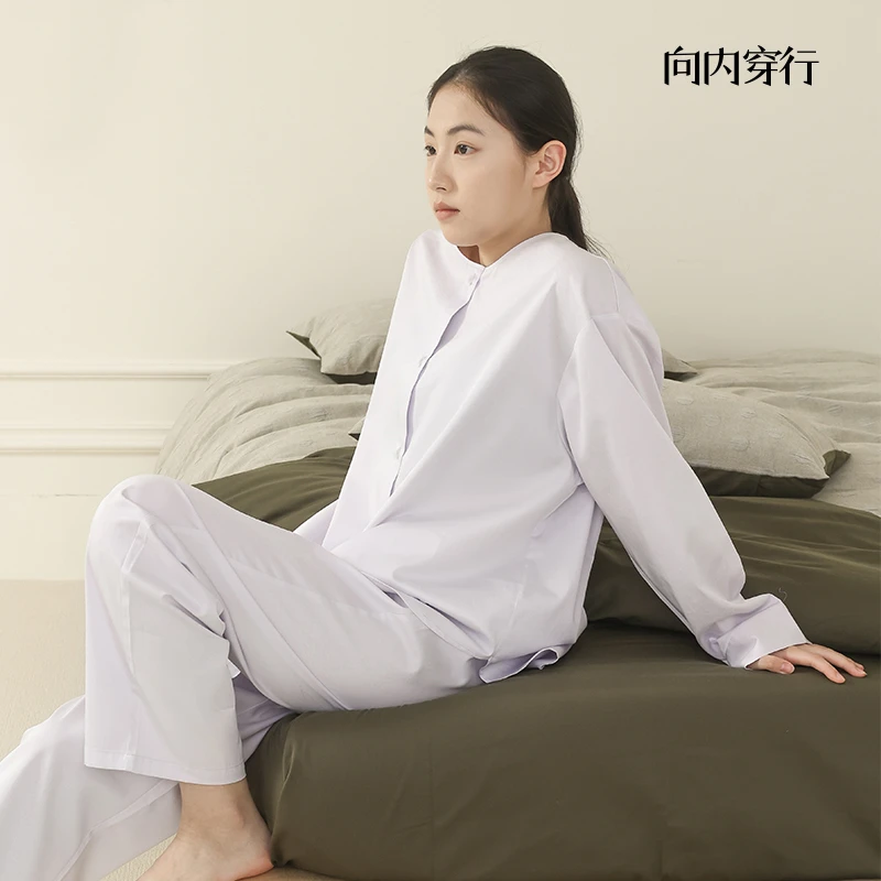 向内穿行【家居服套装-素觅-淡紫】A类全棉睡衣裤圆领长袖长裤简约