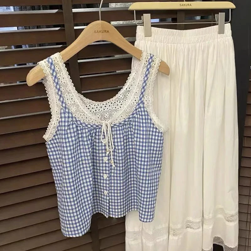 十三行韩系蝴蝶结花边蓝色格子吊带背心女夏季小个子无袖坎肩上衣