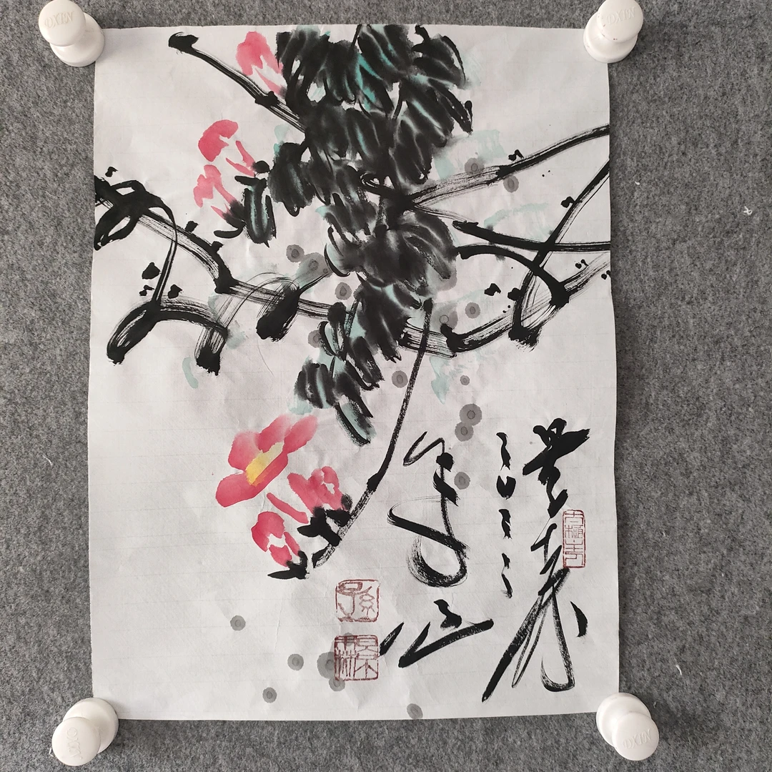 《凌霄图》大写意花鸟，孙景森作品，尺寸:33x46cm