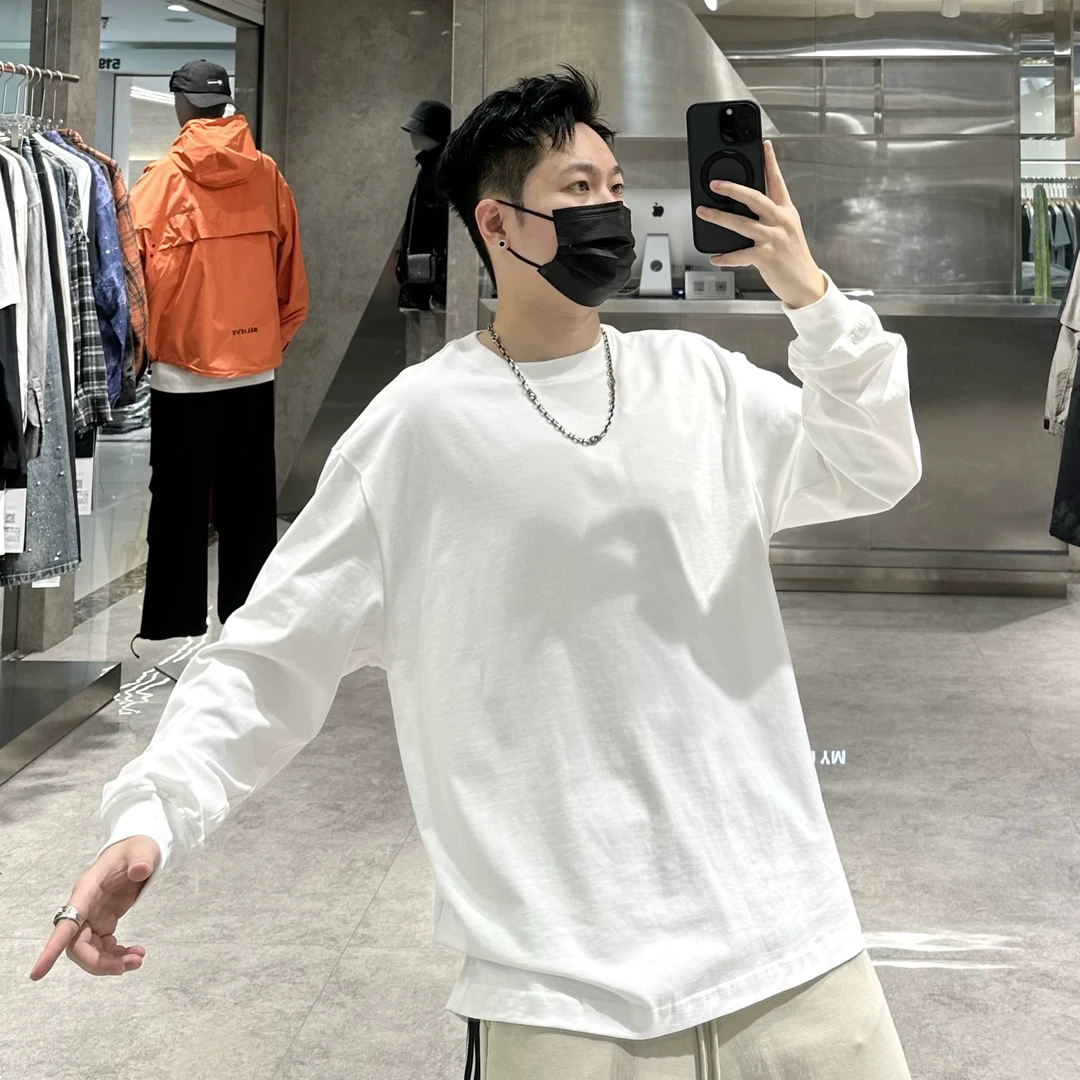 280克双纱纯棉重磅宽松版型舒适长袖T恤男白色基础打底衫圆领T恤