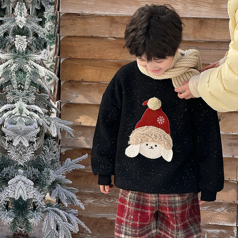 棉小班童装闪闪撒银刺绣卫衣男童卡通圆领一体绒上衣AD4129