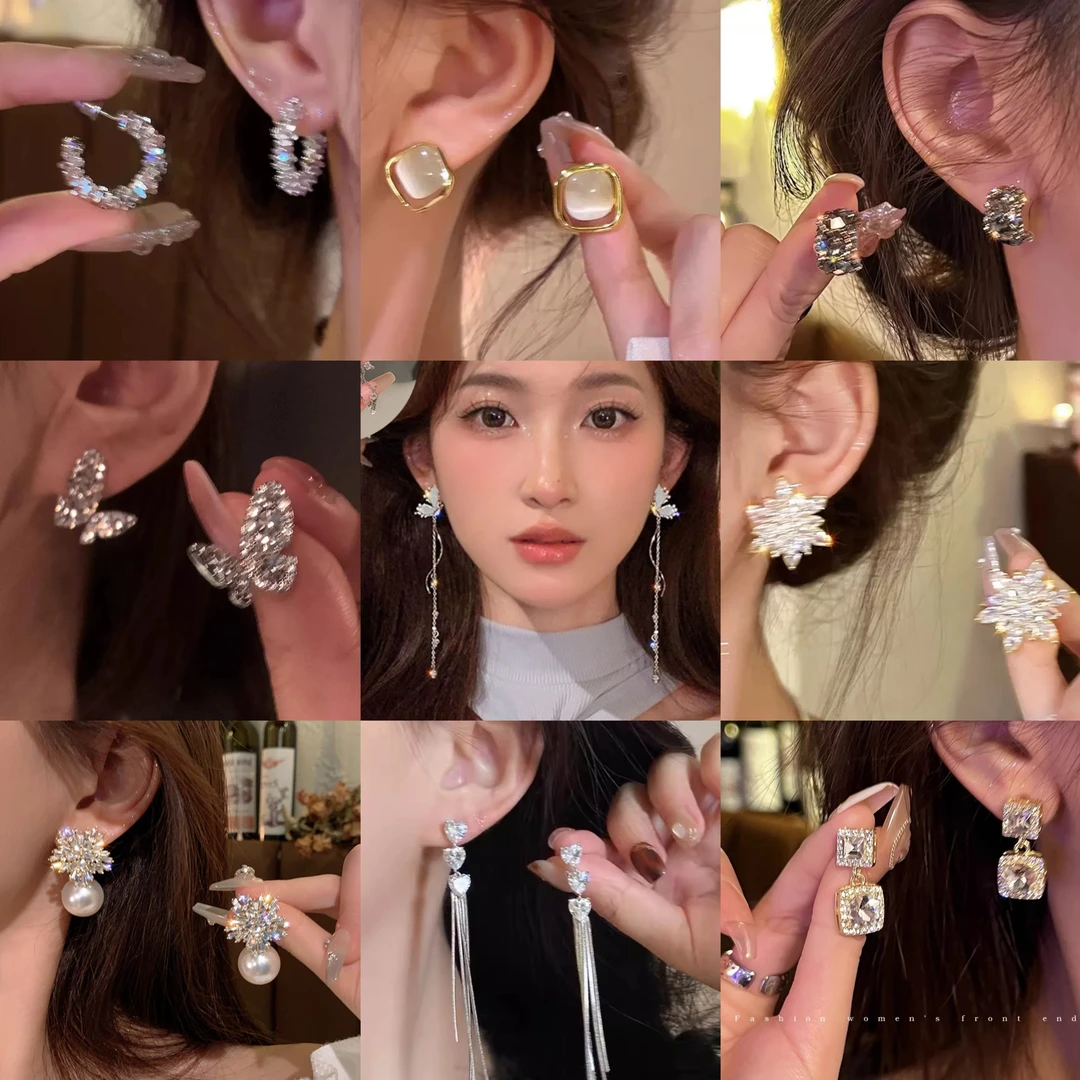 合金玻璃耳饰 耳饰对对碰拍下即送包装盒小众设计感超闪镶钻ins风