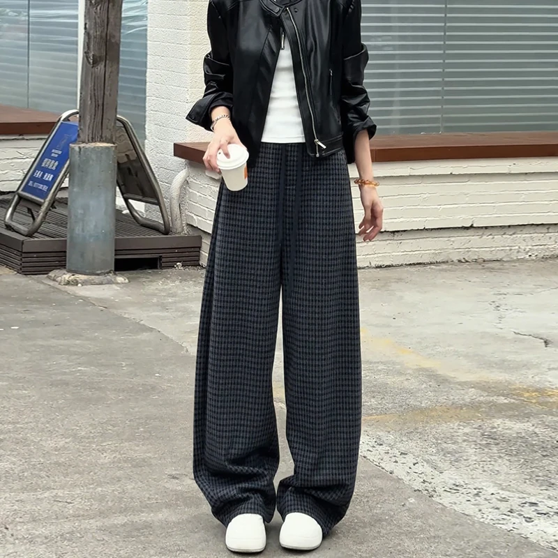 慵懒风格纹阔腿裤女秋冬新款发财格《加厚绒》显瘦休闲直筒休闲裤子