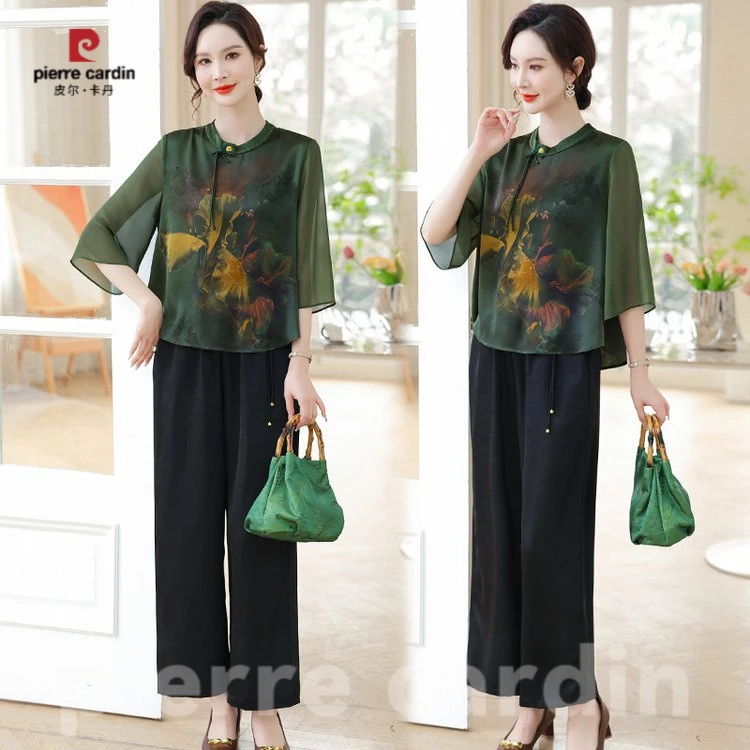 皮尔卡丹中老年妈妈女装2025夏新款雪纺衬衣小衫女装新中式国风上