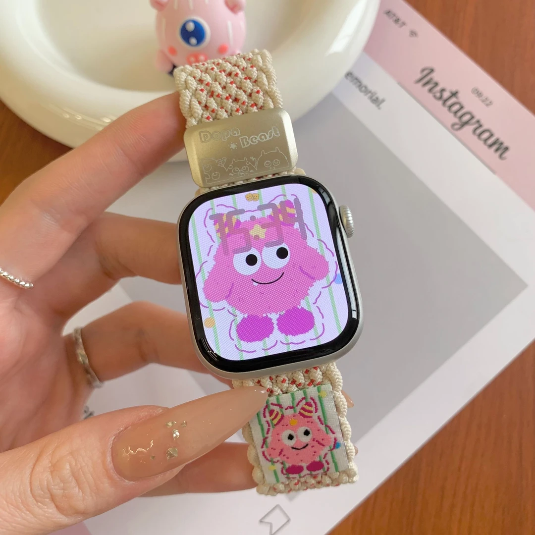 适用applewatchS10表带SE苹果手表S9编织磁吸7可爱S8多巴胺小怪兽