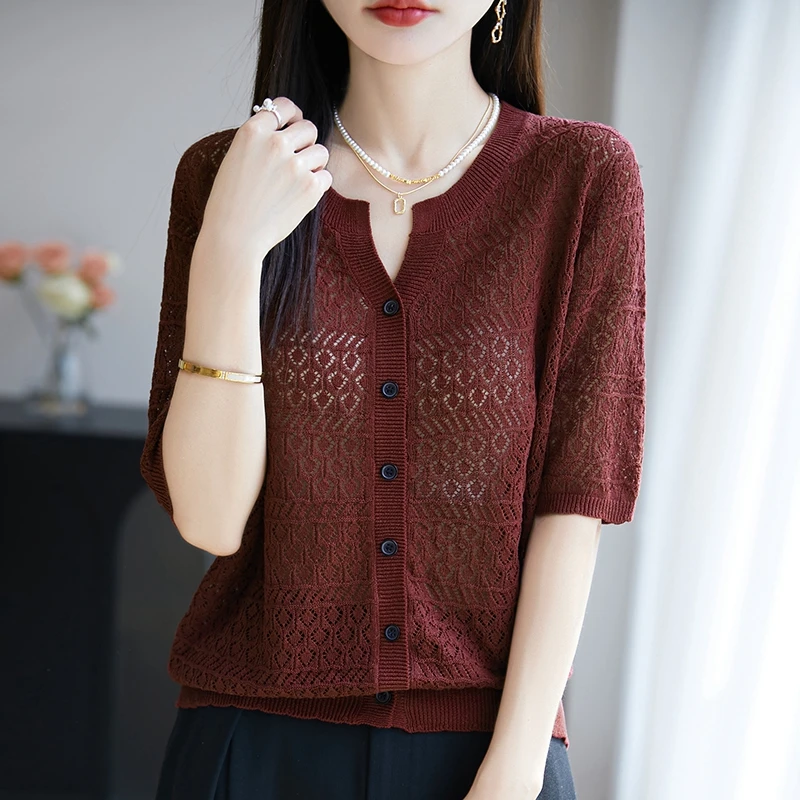 开衫短袖女天丝亚麻薄款半袖镂空宽松夏季大码百搭显瘦上衣纯色