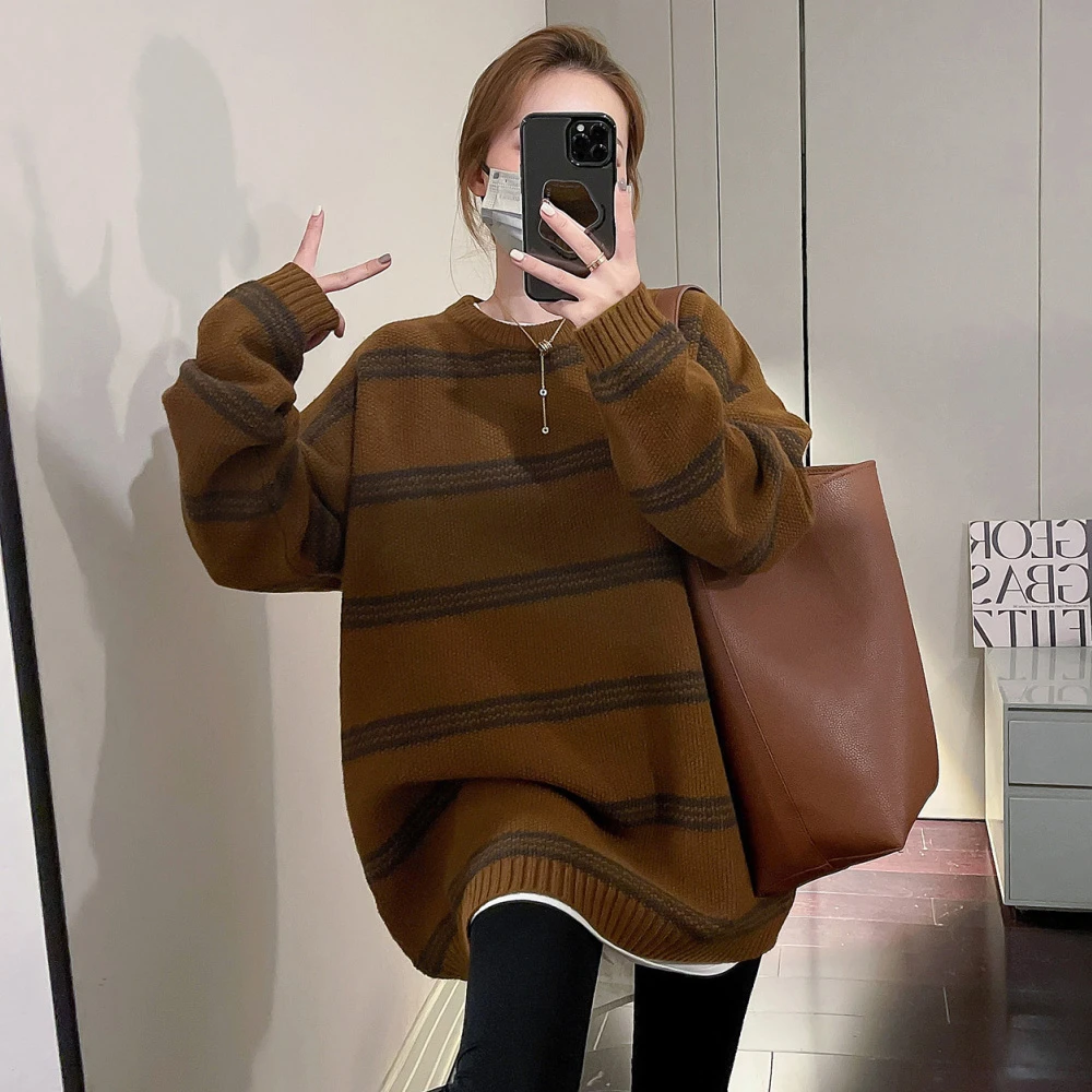 冬季新款复古条纹圆领套头中长款针织毛衣女慵懒风遮肉显瘦上衣潮