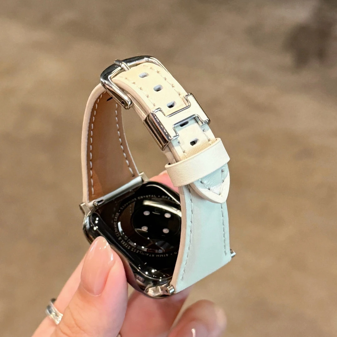 新款H形穿扣真皮苹果手表表带适用Apple Watch11S10iwatch789女款