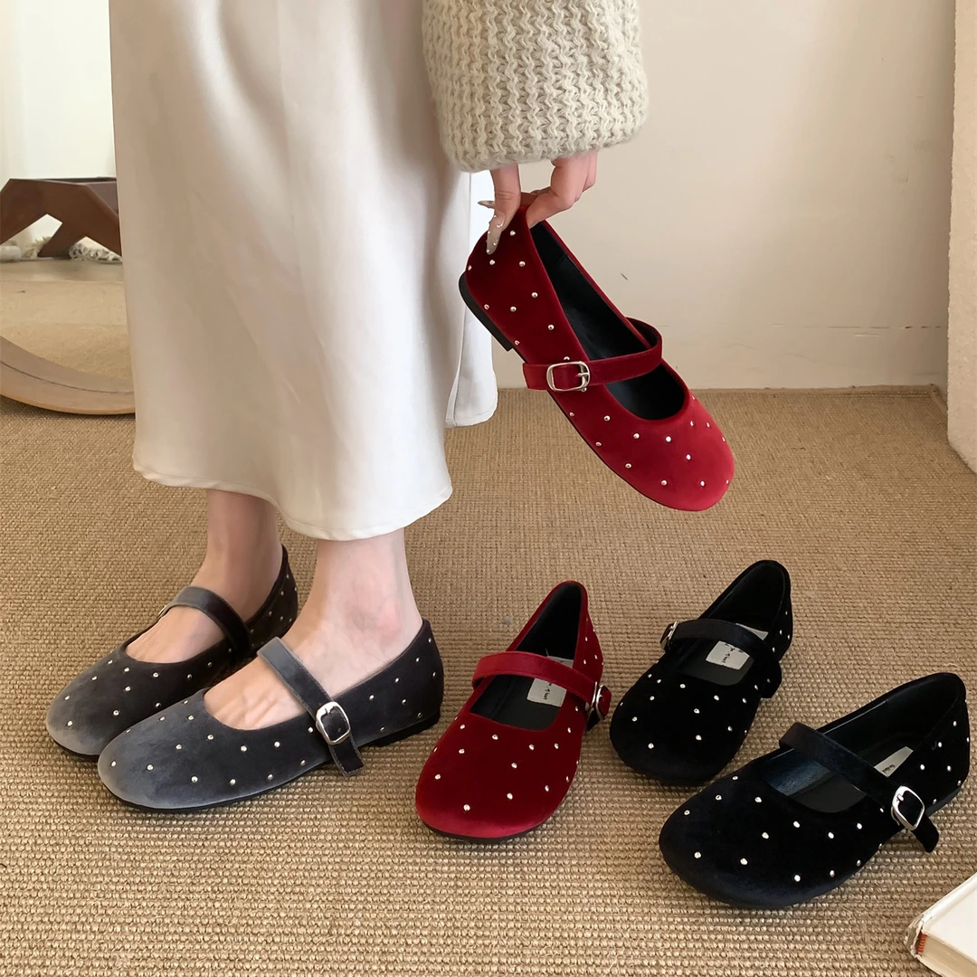 软底版~仙女丝绒满天星浅口单鞋女春秋芭蕾晚晚鞋一字带玛丽珍鞋