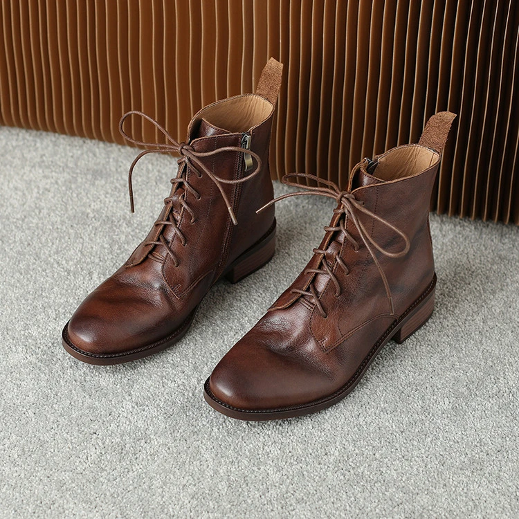 真皮圆头粗跟系带短靴女秋冬新款粗拉链瘦瘦靴舒适保暖中跟时装靴