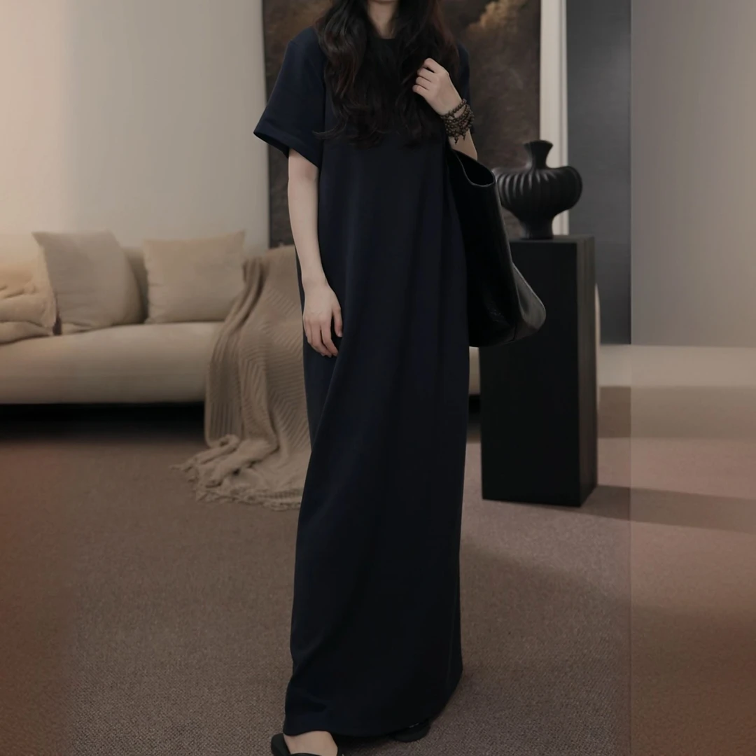 空气层超长设计款！后开叉 宽松慵懒纯色圆领短袖T恤夏季T恤连衣裙