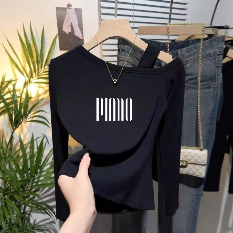 大码胖mm黑色露肩修身显瘦棉质打底上衣设计感斜肩长袖T恤女秋季