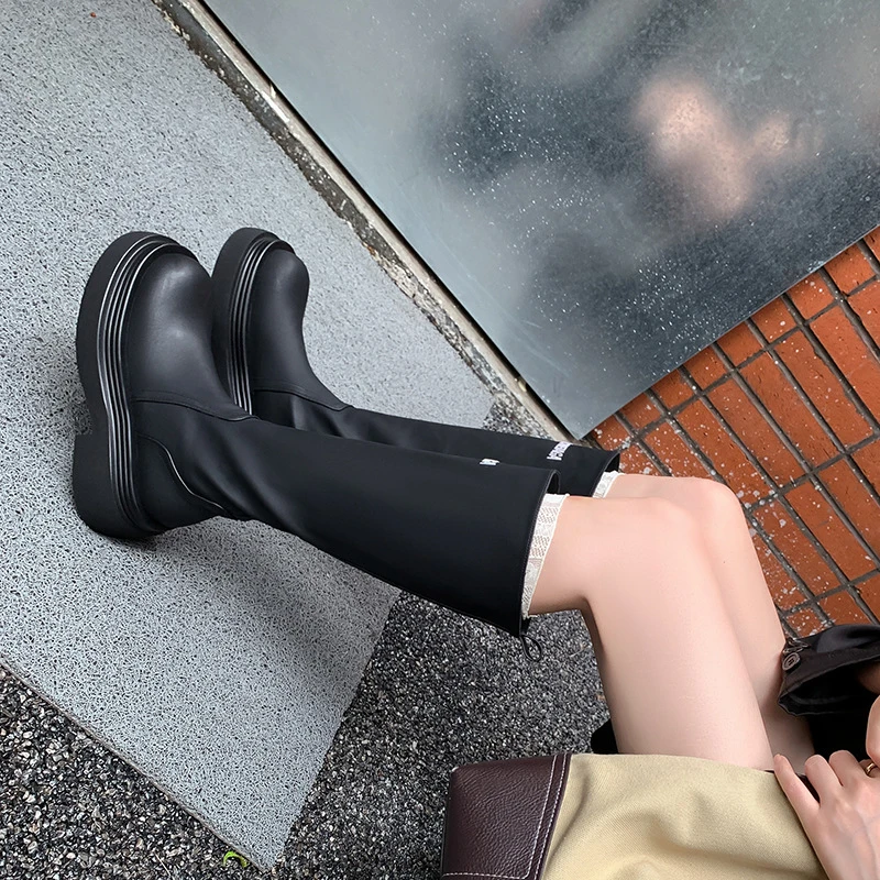 时装靴百搭小个子弹力黑色骑士秋冬粗跟女靴时尚厚底
