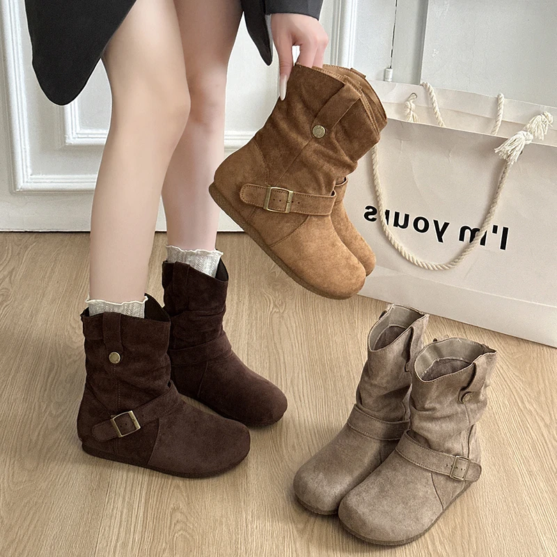 【多米】平底复古勃肯小短靴女2025新款绒面平底西部牛仔瘦瘦短靴