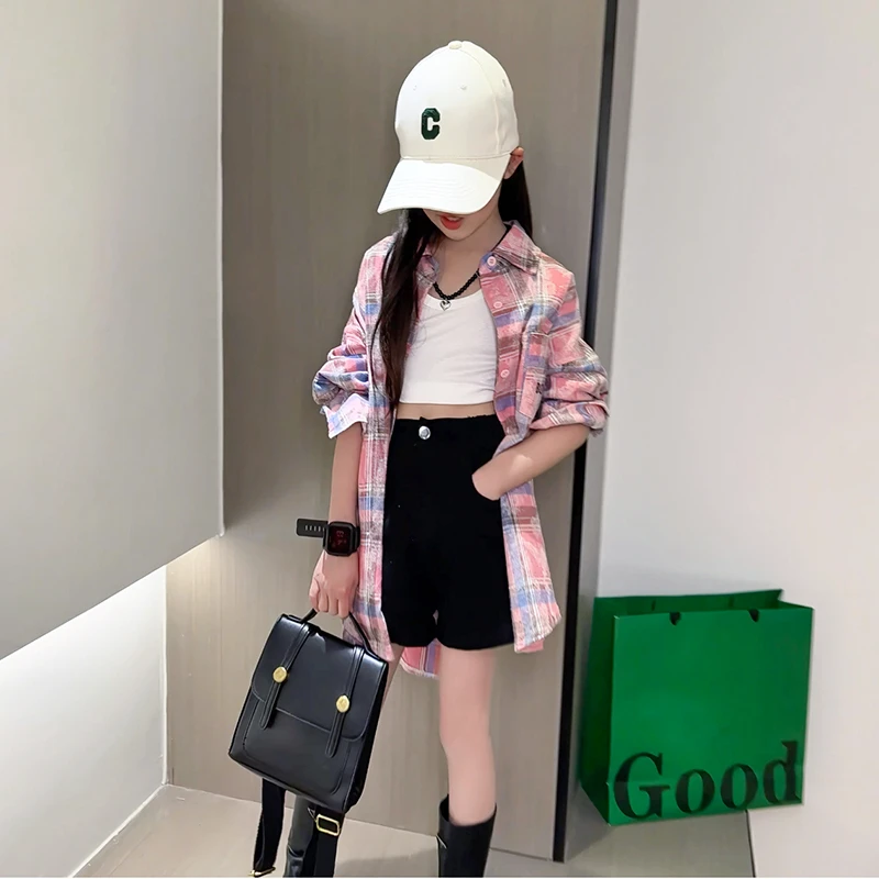 女童格子衬衫2025春秋新款中大儿童女孩初中生学院风宽松休闲衬衣