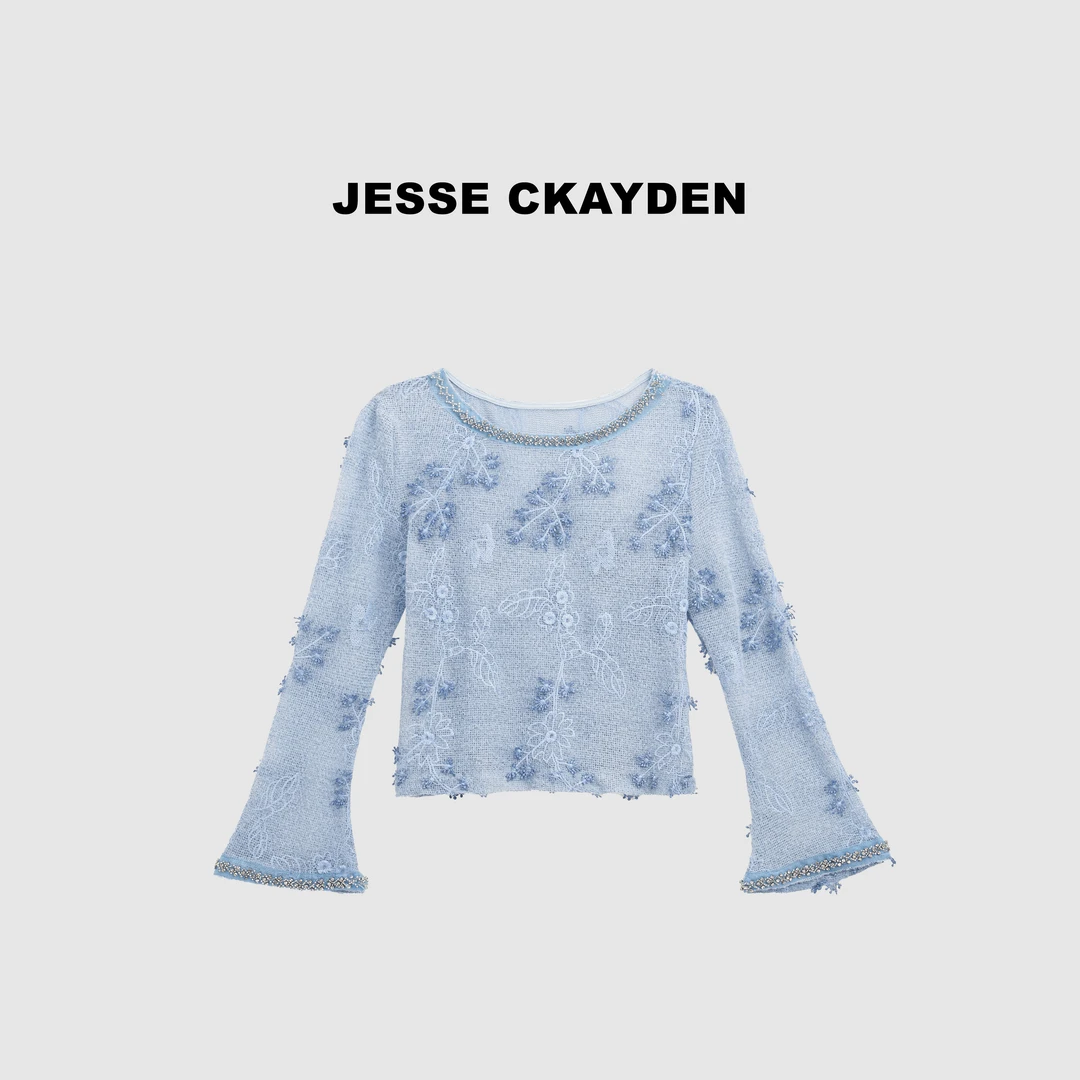 蓝色气质时尚蕾丝设计感春季夏季百搭新款甜美针织上衣DP5946