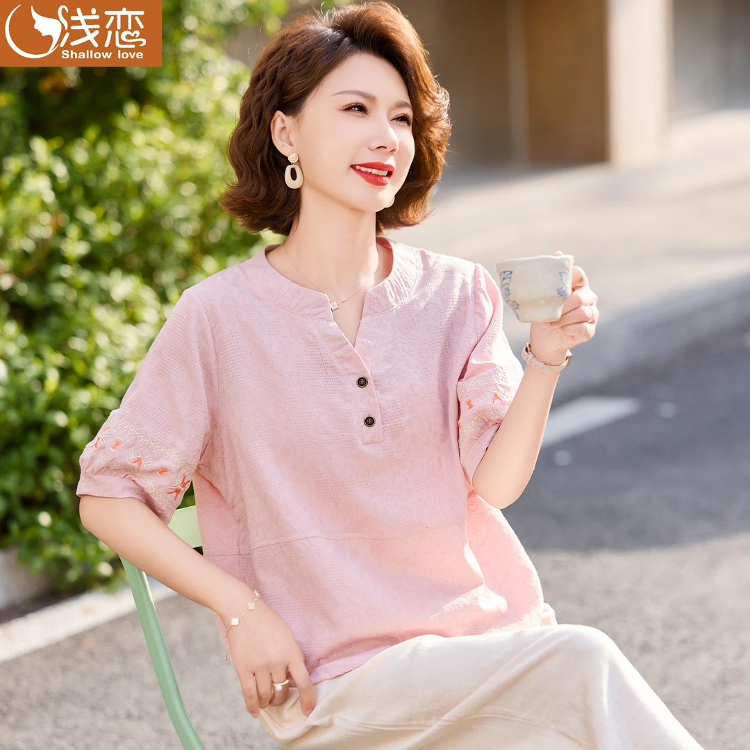 中年妈妈夏装短袖T恤新款棉绸上衣服中老年女装洋气休闲棉麻套装