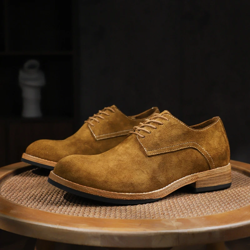 男士手工翻毛皮英伦风低帮皮鞋水洗马皮老钱风复古休闲德比皮鞋男