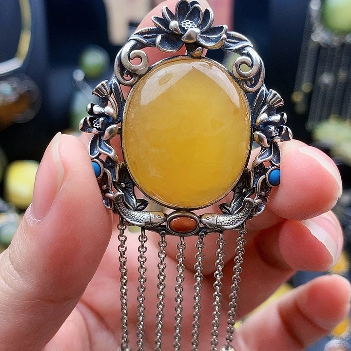 琥珀裸石银S925镶嵌坠