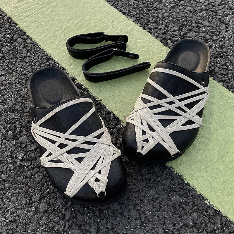真皮德比厚底包头半托男女夏季外穿疯狂绑带懒人一脚蹬凉拖鞋两穿