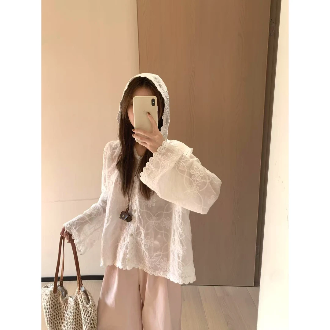 【618清清福利】韩版宽松连帽钩花设计复古感百搭显瘦防晒开衫上衣