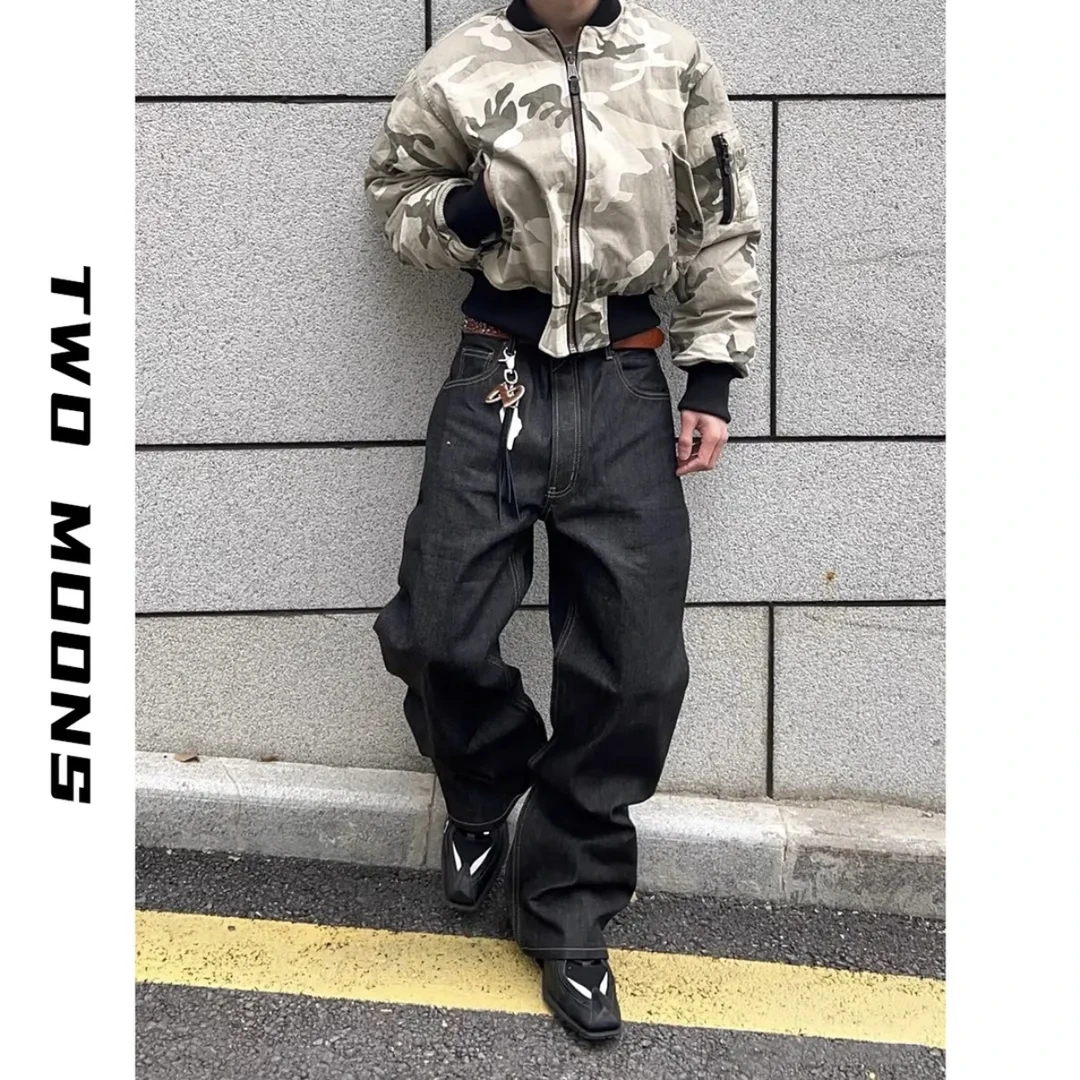 两个月亮不掉色高盎司原牛纯色牛仔裤直筒宽松百搭休闲长裤男女潮