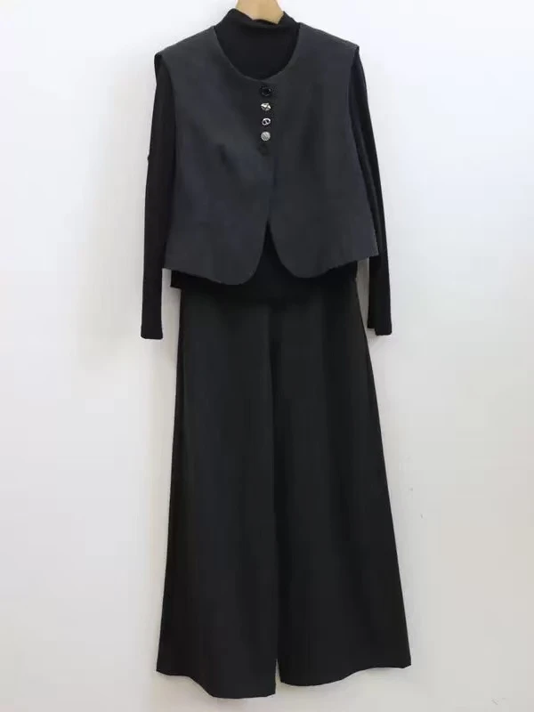 【T1773】厚款新款时尚套装无袖马甲+打底衫+阔腿裤三件套