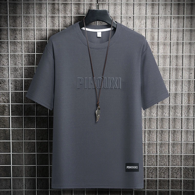 夏季男士简约潮流宽松透气钢印字母短袖T恤休闲百搭圆领半袖上衣