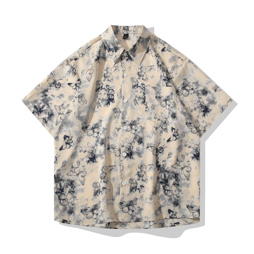 夏季蝴蝶冰丝短袖花衬衫男士港风复古宽松衬衣潮流痞帅高级感男装